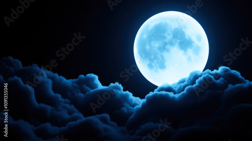 Night scene bright full moon amidst deep blue, swirling clouds. moonsurface reveals its texture, evoking tranquility and wonder in celestial beauty. photo