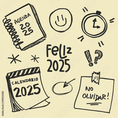 Plantilla iconos doodles vectorial editable, Argentina, año nuevo 2025 agenda, oficina, recordatorio, calendario, carita feliz