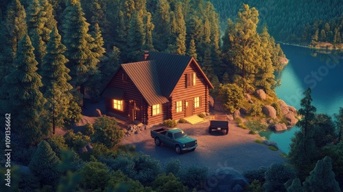 Secluded Log Cabin Beside a Tranquil Lake in the Woods