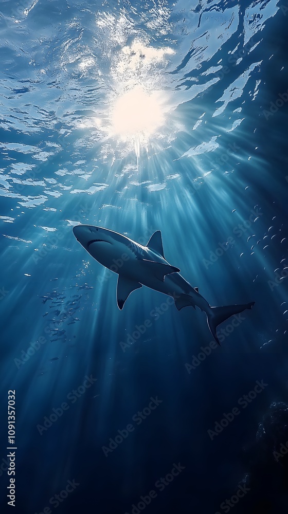 Obraz premium Shark swimming in the deep blue ocean, surrounded by shimmering light and silhouetted fish in the background
