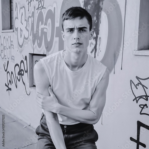 portrait of a young male in a white sleeveless shirt