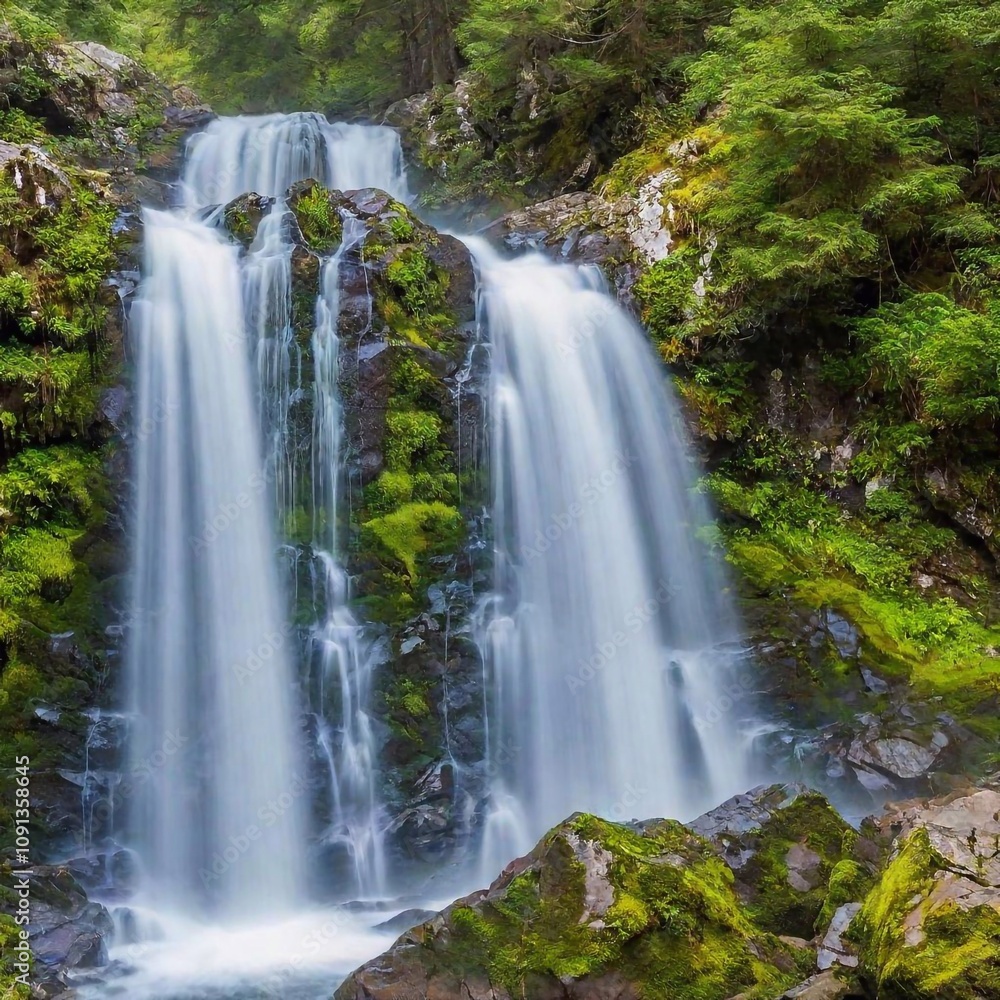 Fototapeta premium medium shot of a cascading waterfall surrounded by lush vegetation. The photo captures the water as it tumbles over the rocks, with ferns, moss, and other greenery framing the waterfall, creating a re