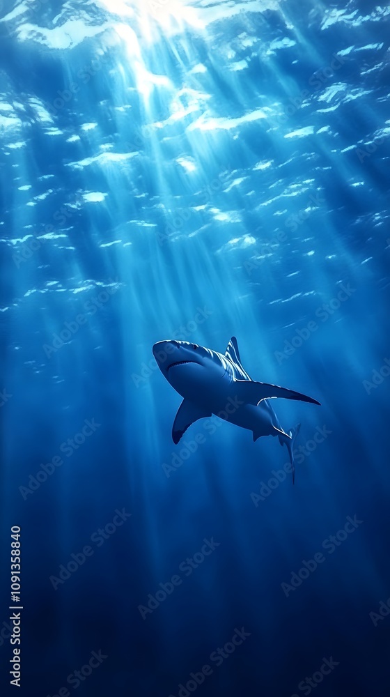 Obraz premium Shark swimming in the deep blue ocean, surrounded by shimmering light and silhouetted fish in the background