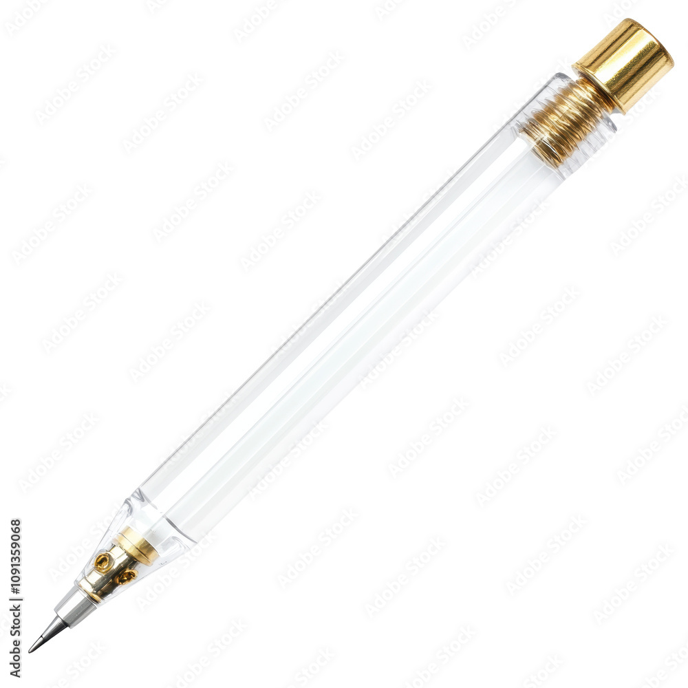 Naklejka premium Elegant Transparent Pen with Gold Accents on a white background.