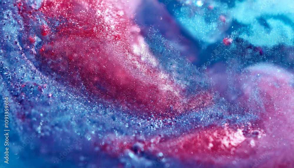 Fototapeta premium Sparkling fluid. Liquid ink color mix. Blurred red blue color shiny dust particles acrylic paint swirl water emulsion flow abstract art background.