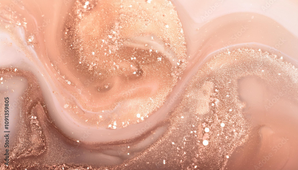 Obraz premium Sparkling fluid. Liquid ink color mix. Blurred beige peach pink color shiny dust particles acrylic paint swirl water emulsion flow abstract art background.