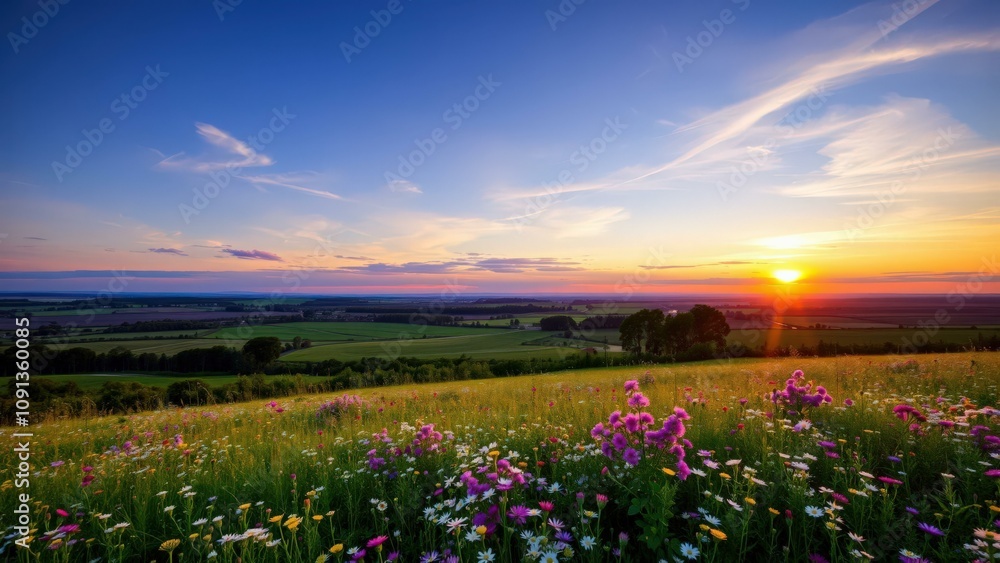 Obraz premium Vibrant Sunset Over Wildflower Meadow: Capture Nature's Beauty for Wall Art or Desktop Background