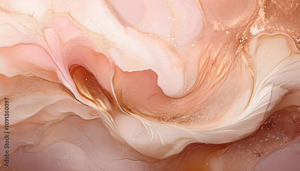 Fototapeta premium Sparkling fluid. Liquid ink color mix. Blurred beige peach color shiny dust particles acrylic paint swirl water emulsion flow abstract art background.