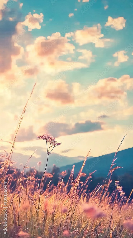 Obraz premium A serene landscape with mountains, clouds, and wildflowers at sunset.