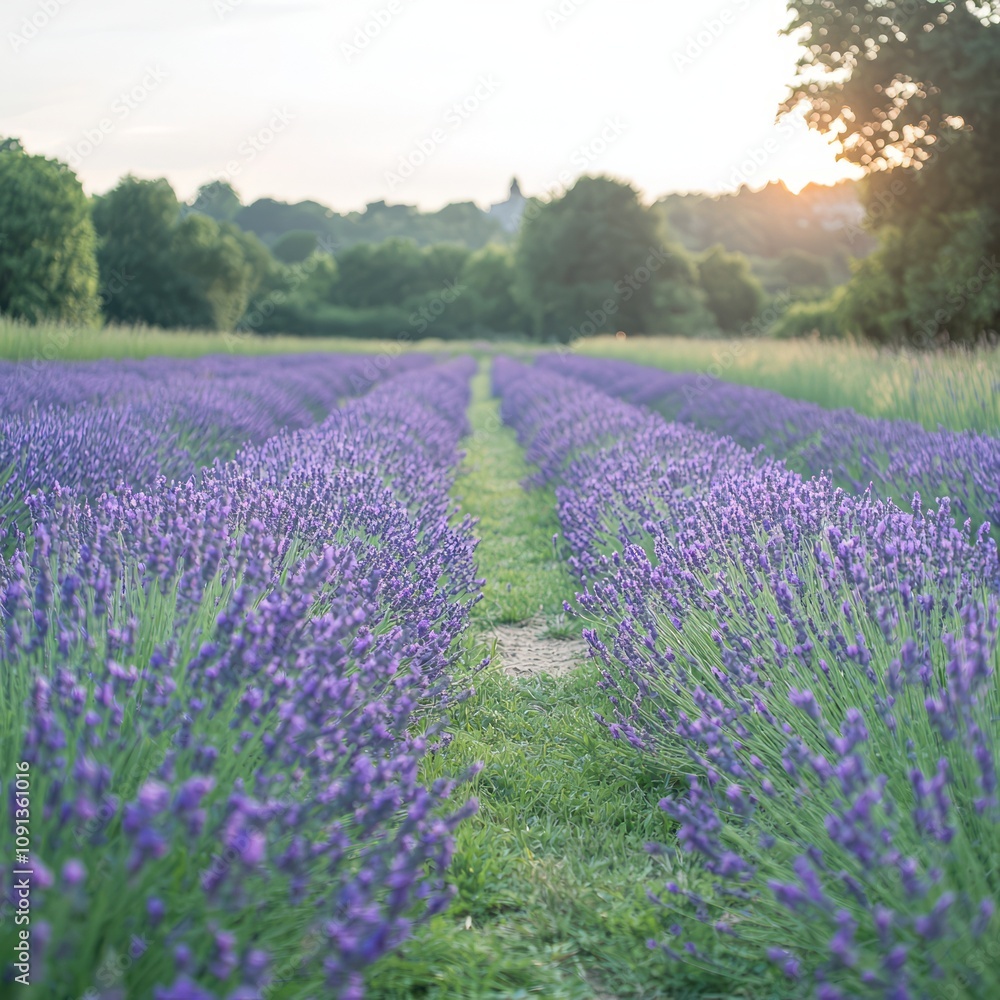 Fototapeta premium A serene lavender field at sunset, showcasing rows of blooming flowers.