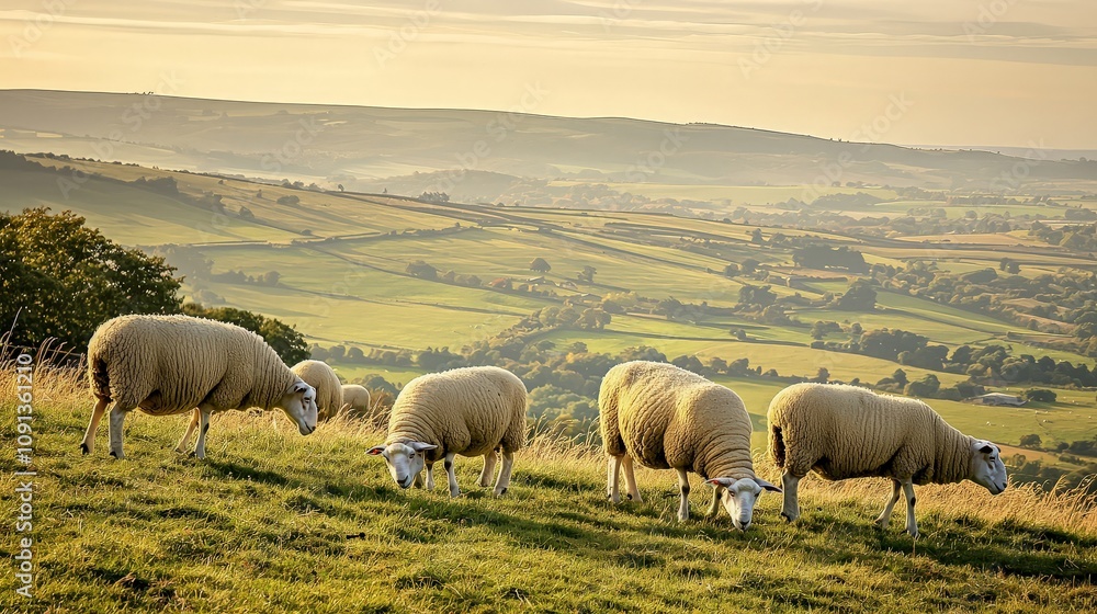 Fototapeta premium Sheep graze on a hillside overlooking a picturesque valley at sunset.