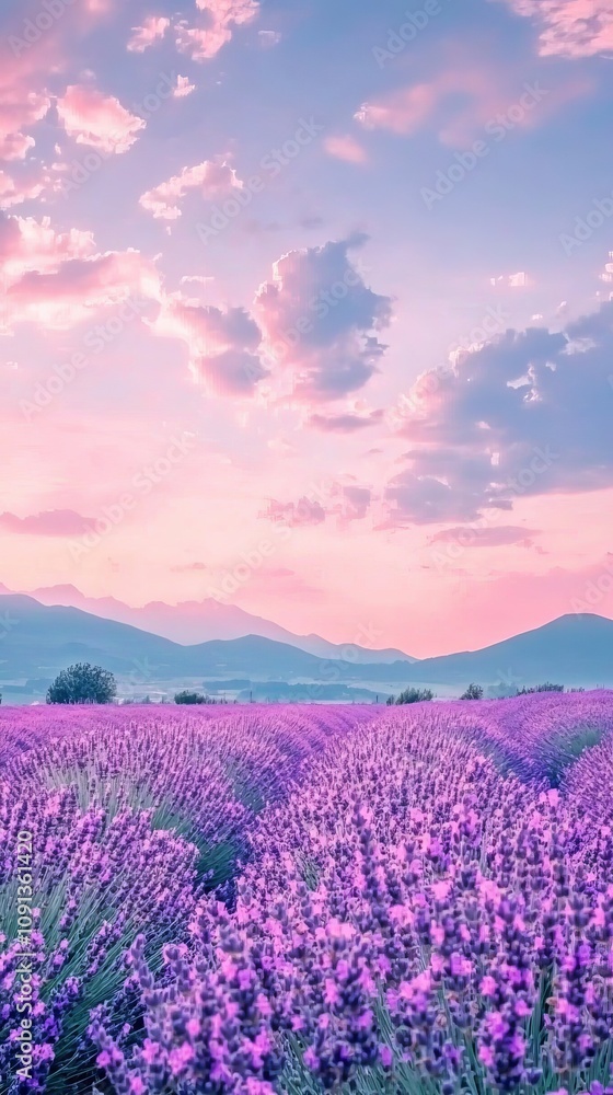 Obraz premium A serene lavender field under a colorful sunset sky.