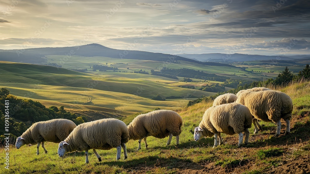 Fototapeta premium Sheep grazing on a hillside at sunset, overlooking a vast, rolling landscape.