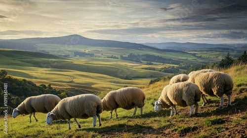 Sheep grazing on a hillside at sunset, overlooking a vast, rolling landscape.