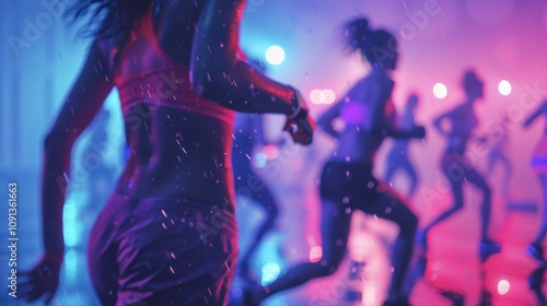 Slightly blurred bodies drenched in neon lights sweating through a challenging workout. photo