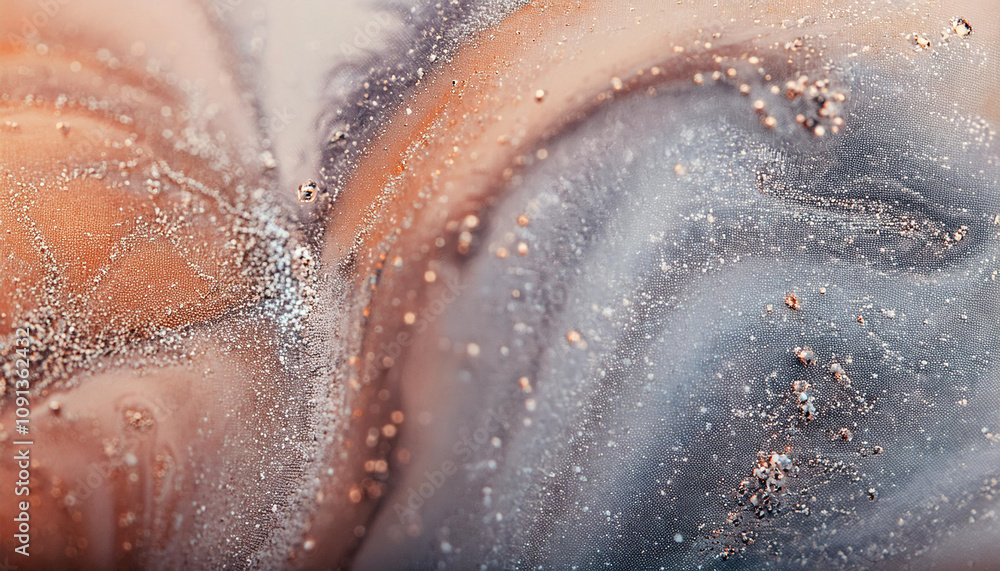 Fototapeta premium Sparkling fluid. Liquid ink color mix. Blurred orange grey color shiny dust particles acrylic paint swirl water emulsion flow abstract art background.