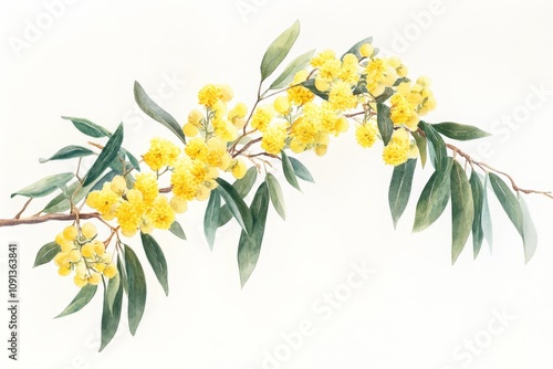 Fototapeta Naklejka Na Ścianę i Meble -  Golden Wattle Watercolor Illustration - Elegant watercolor painting of Golden Wattle (Acacia pycnantha), symbolizing Australia, nature, beauty, spring, and new beginnings.