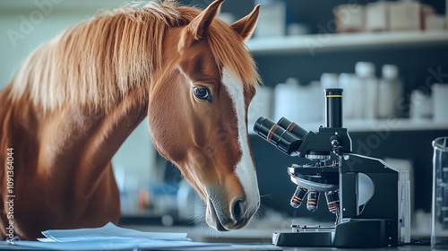 A curious horse examines a microscope in a laboratory setting, blending nature and science in a unique perspective. photo