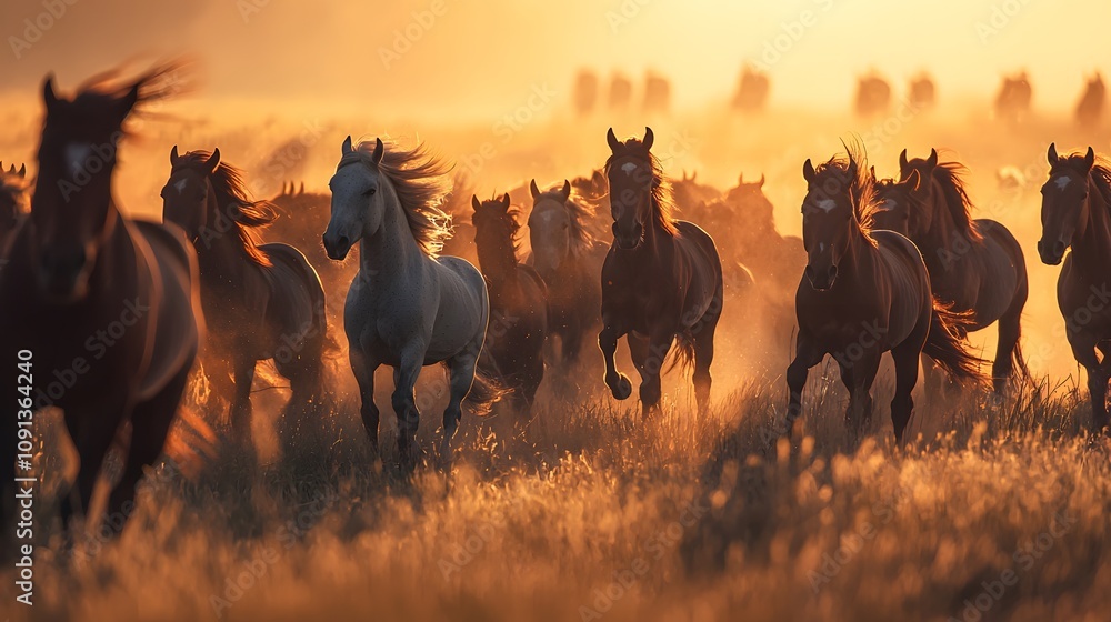 Obraz premium Herd of spirited horses galloping through sunlit meadow at dusk. Beauty, power and elegance of noble animals on National Horse Day