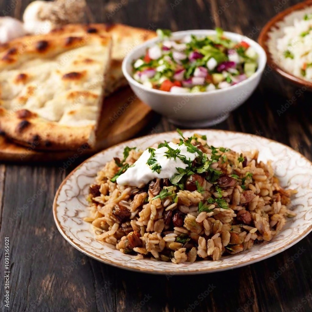 Middle Eastern Mujadara: A hearty photo of mujadara, featuring lentils and rice topped with caramelized onions, served with a side of tabbouleh and a drizzle of olive oil. Middle Eastern Mujadara: A hearty photo of mujadara, featuring lentils and rice topped with caramelized onions, served with a side of tabbouleh and a drizzle of olive oil.
