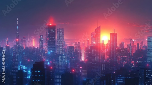Wallpaper Mural Futuristic city skyline at sunset, vibrant red and blue hues, glowing buildings. Torontodigital.ca
