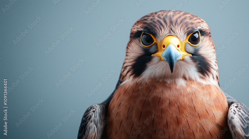 Obraz premium peregrine falcon with intense gaze against blue background, showcasing its sharp beak and detailed plumage