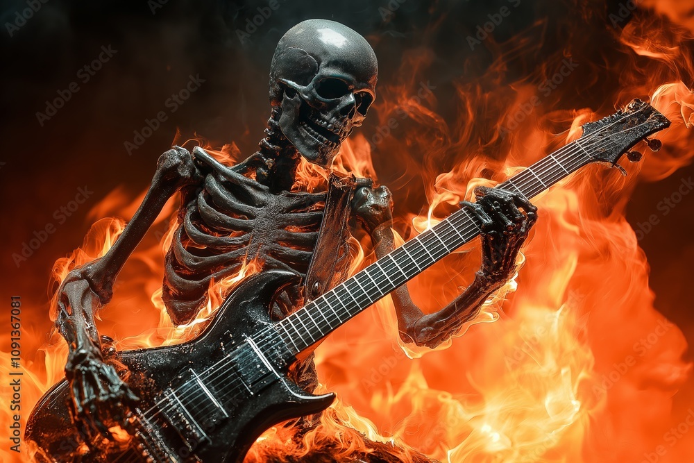 Fototapeta premium A skeleton is playing a guitar in a fiery scene. Concept of danger and excitement, as the skeleton is surrounded by flames while playing the instrument. The combination of the skeleton