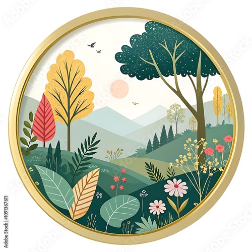 Nature themed design with gold circular frame,ai gnerative
 photo