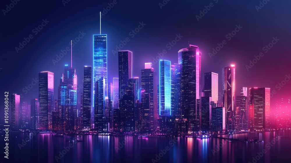 Fototapeta premium Futuristic city skyline at night, illuminated with vibrant neon lights reflecting on calm water.