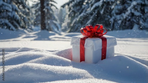 Ein Geschenk mit roter Schleife steht mitten im Schnee, dahinter sind verschneite Tannenbäume zu sehen, die Sonne scheint photo