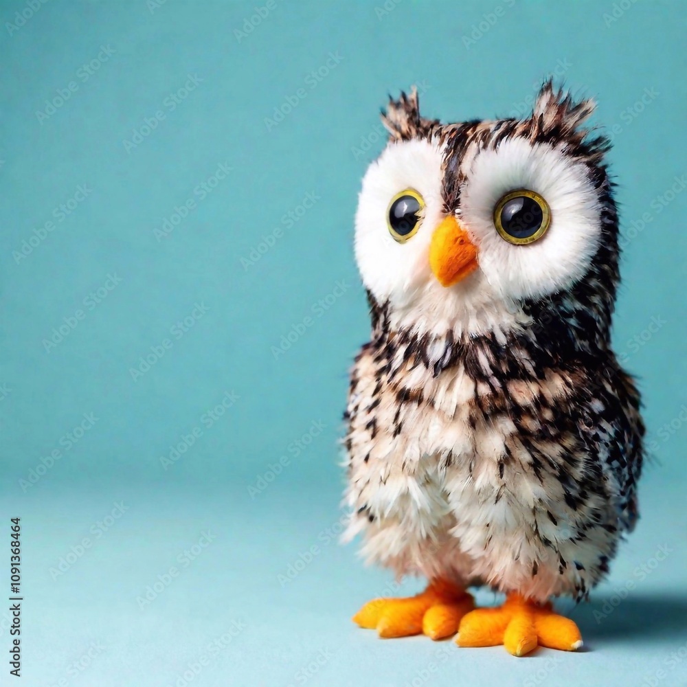 Obraz premium A fluffy toy owl with large embroidered eyes and soft, textured feathers, detailed in a realistic photo, isolated on a pale blue background.