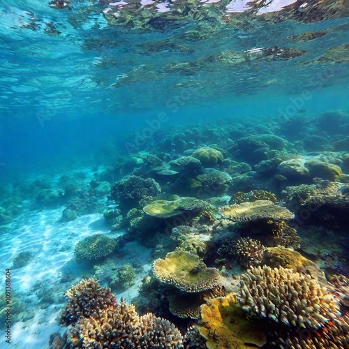 Wallpaper Mural Wide shot from an over-the-hip angle showcasing a vibrant underwater world with a backdrop of pollution, with deep focus to highlight both beauty and degradation. Torontodigital.ca