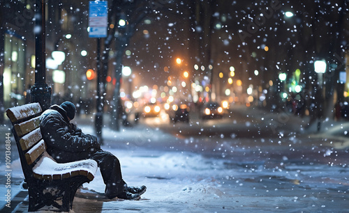 Man sleeping on a bench in a city during a snow storm photo