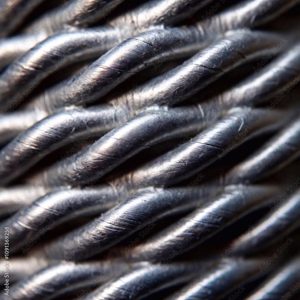 Obraz premium Extreme macro of a steel cable, showing the woven strands and metallic texture.