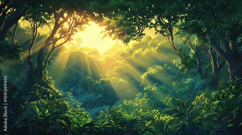 Obraz premium Sunlight streams through a vibrant green forest canopy, illuminating the lush undergrowth and creating a serene, tranquil atmosphere.