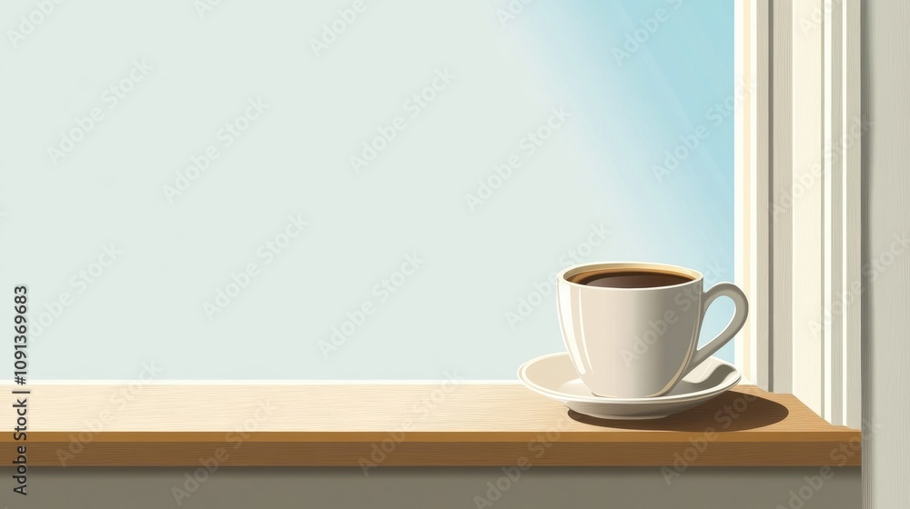 Obraz premium Elegant coffee cup resting on a window sill with clear blue sky backdrop, inviting ambiance and ample space for text addition.