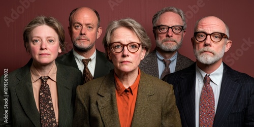 Five diverse individuals posing together in formal attire with serious expressions.