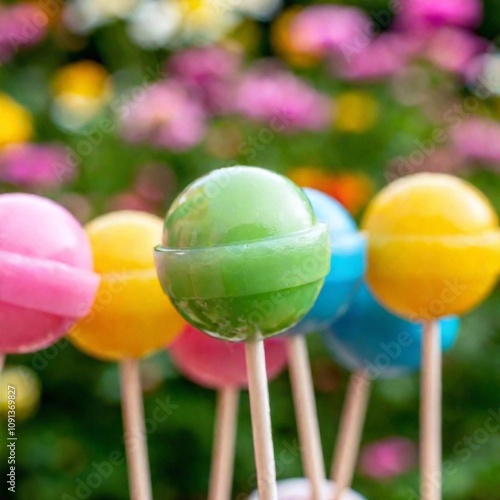 Candy Garden: An extreme macro shot of a collection of small lollipops arranged in a colorful garden   photo