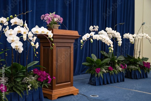 Exquisite orchid flowers arranged in a beautiful pattern on a deep blue background against a classic wooden podium, classic, arrangement, art photo