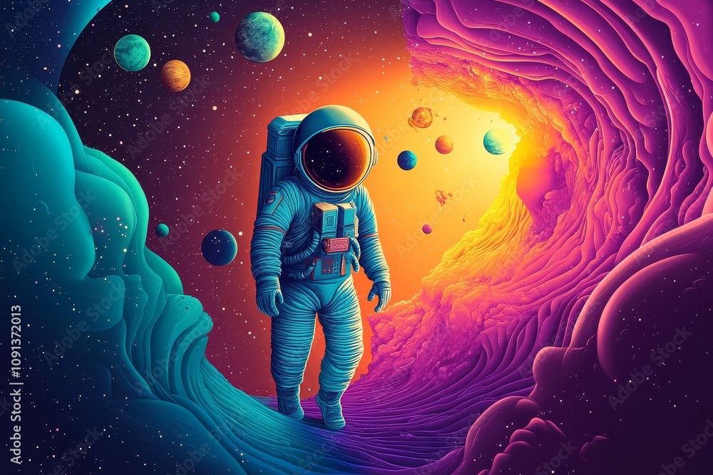 Naklejka premium Generative AI brings to life an imaginative scene with an astronaut amidst celestial bodies.