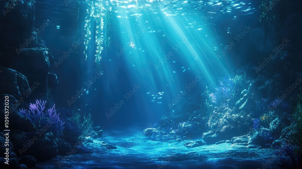 Obraz premium Enchanting underwater scene with vibrant coral reefs and gentle sunlight beams illuminating the serene blue ocean depths.