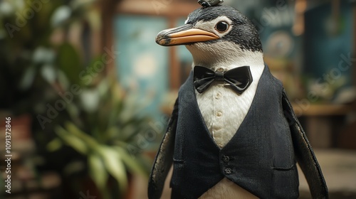 A dapper penguin dressed in a tuxedo, exuding charm and elegance amid a lush background of greenery. photo