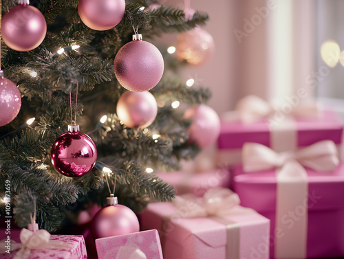 Pink christmas tree and gifts