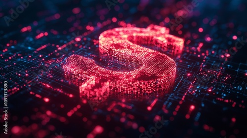 A vibrant glowing digital dollar sign set against a high-tech backdrop, illustrating the fusion of currency and technology in the modern economy. photo