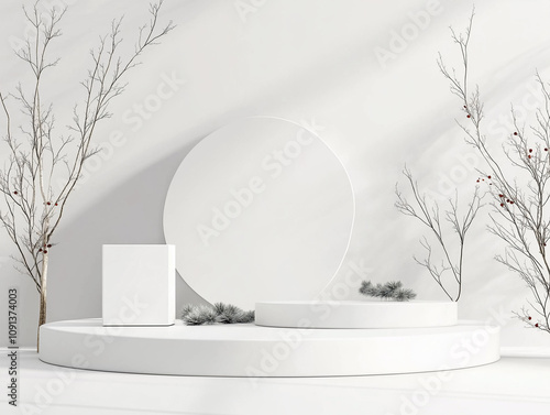 white podium for skincare or cosmetic display, product photo background, in winter

