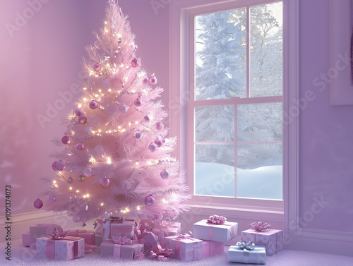 christmas tree in the window in pink