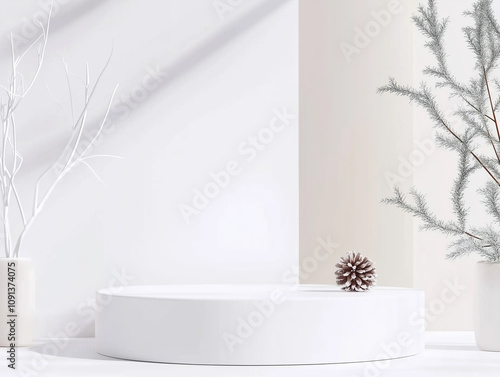 white podium for skincare or cosmetic display, product photo background, in winter
