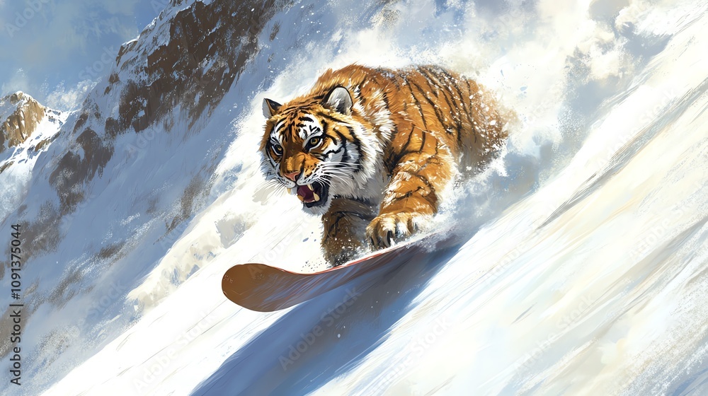 Obraz premium A dynamic illustration of a tiger snowboarding down a snowy mountain, showcasing power and agility in winter sports.