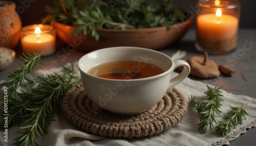 Photorealistic cozy setting with cup of healing herbal tea on knitted coaster, fresh rosemary and thyme, soft candlelight creating warm glow, relaxing and holistic atmosphere with muted earthy tones