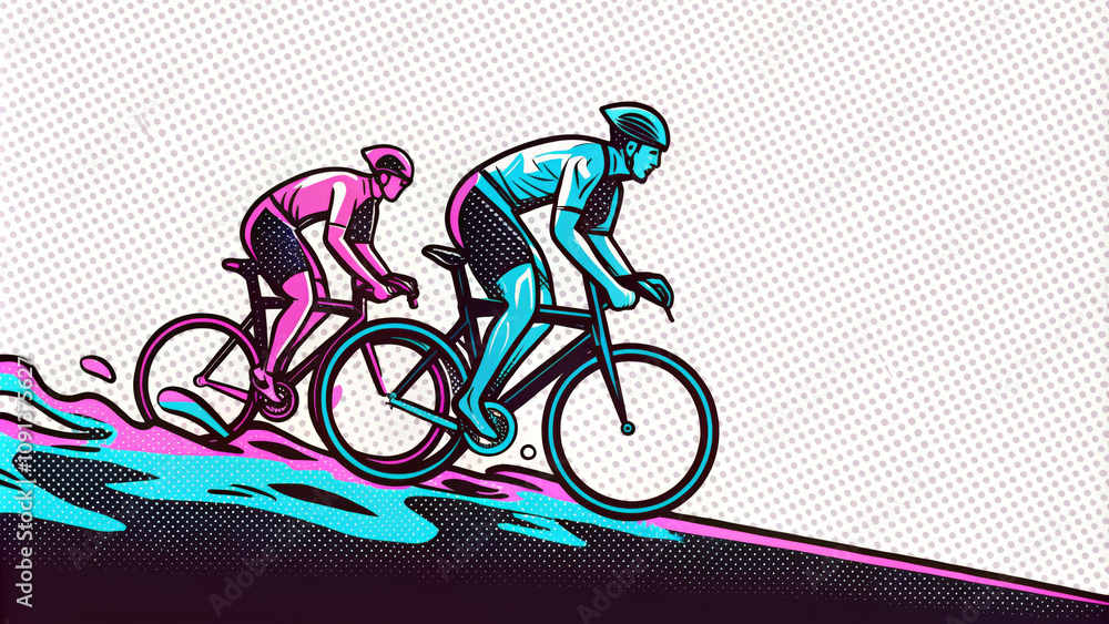 Fototapeta premium Two cyclists race upwards on a slope, depicted in vibrant neon colors of pink and blue. The dynamic style and dotted background give the scene a comic book feel. AI generated.